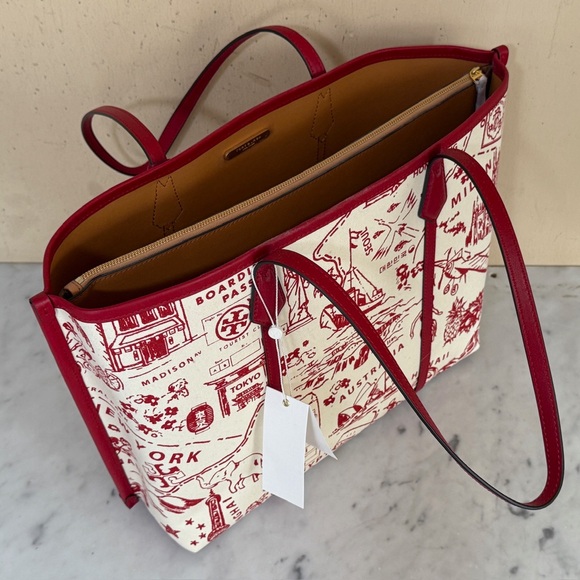 NWT Tory Burch Illustrated Tote in Red Cream highlighting international cities - Picture 3 of 13